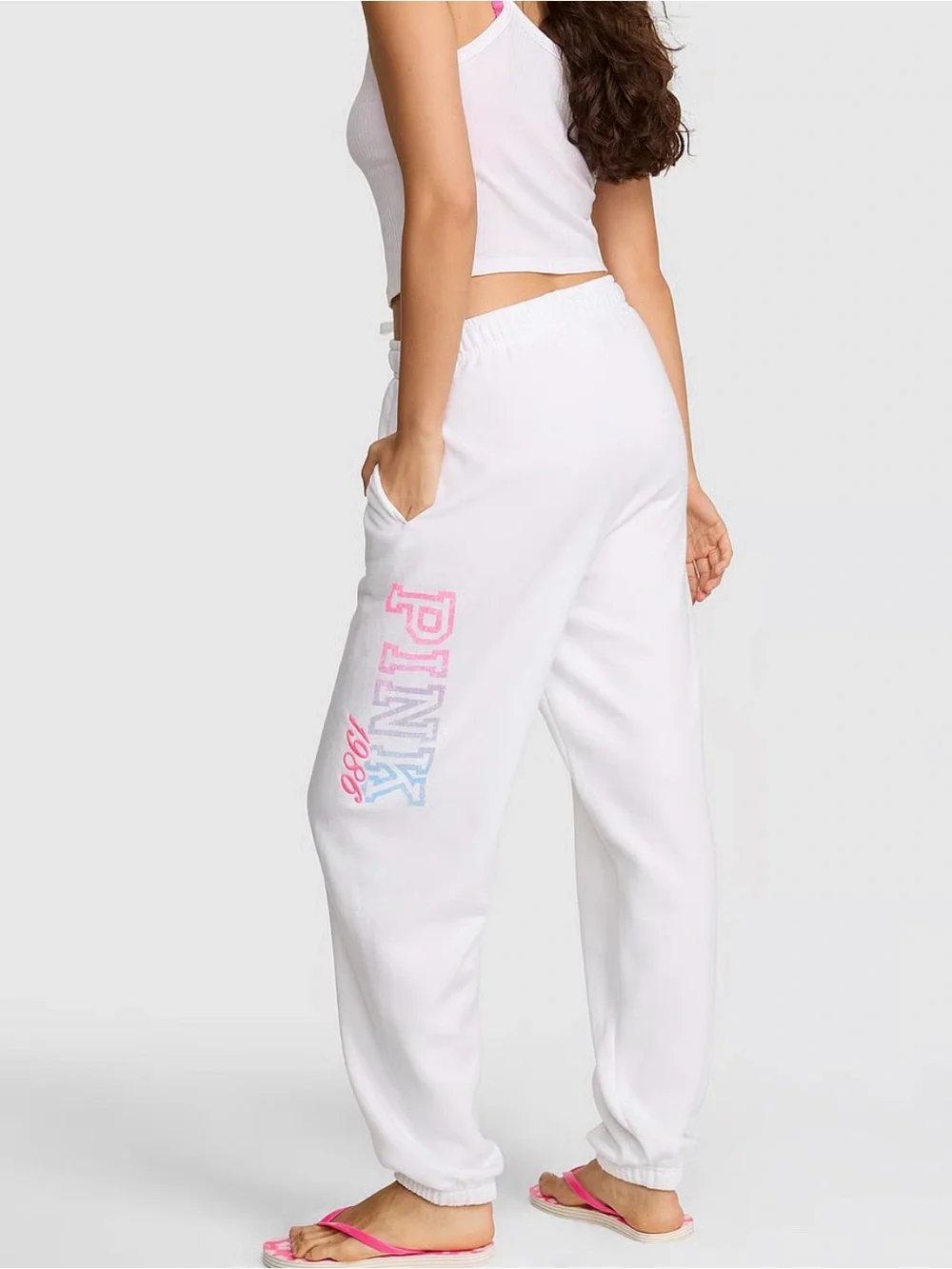 PINK Victoria's Secret White Fleece Joggers with Drawstring